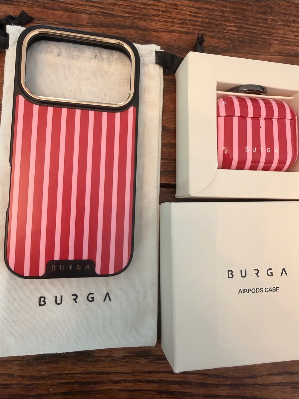 BURGA Pink & Red Striped Matching iPhone 17 + AirPods 3 Pro Case Set